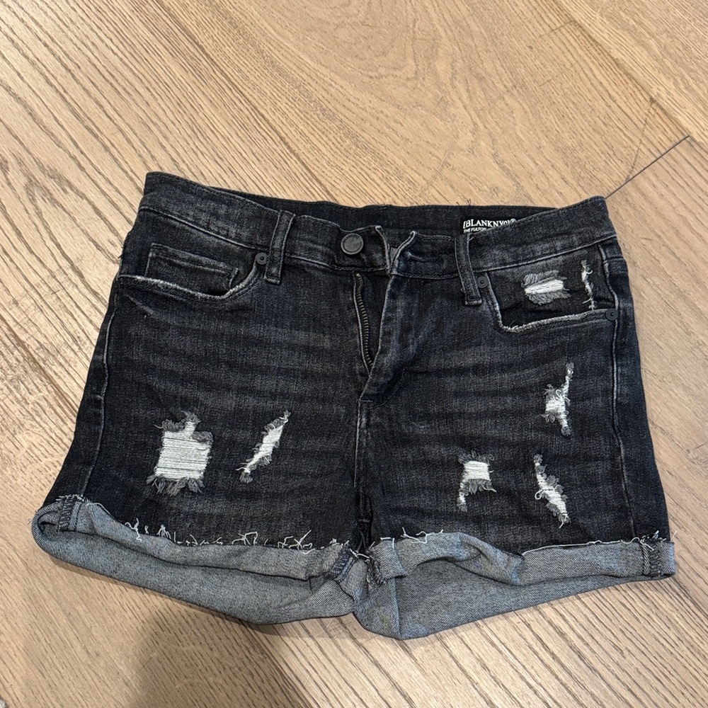 Blank NYC Black Distressed Roll-Cuff Denim Shorts